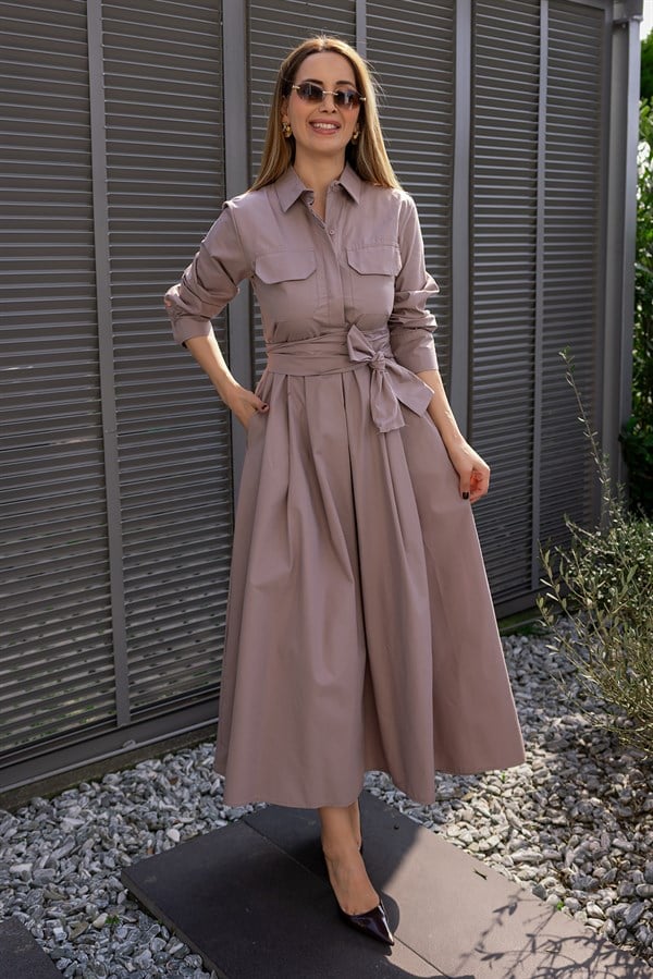 Kuşaklı Gömlek Elbise - VİZON