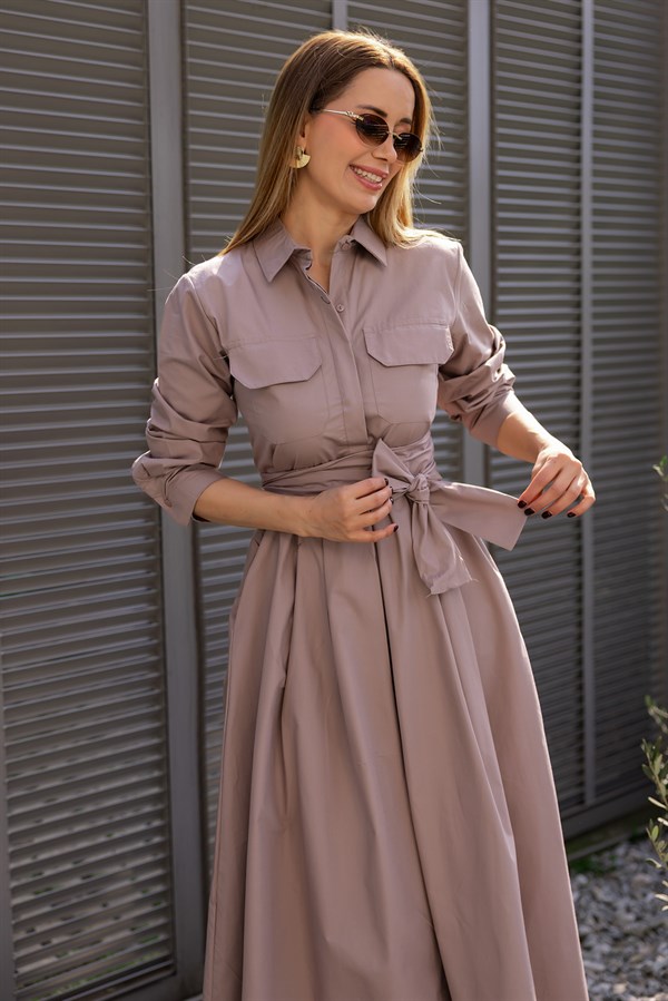 Kuşaklı Gömlek Elbise - VİZON