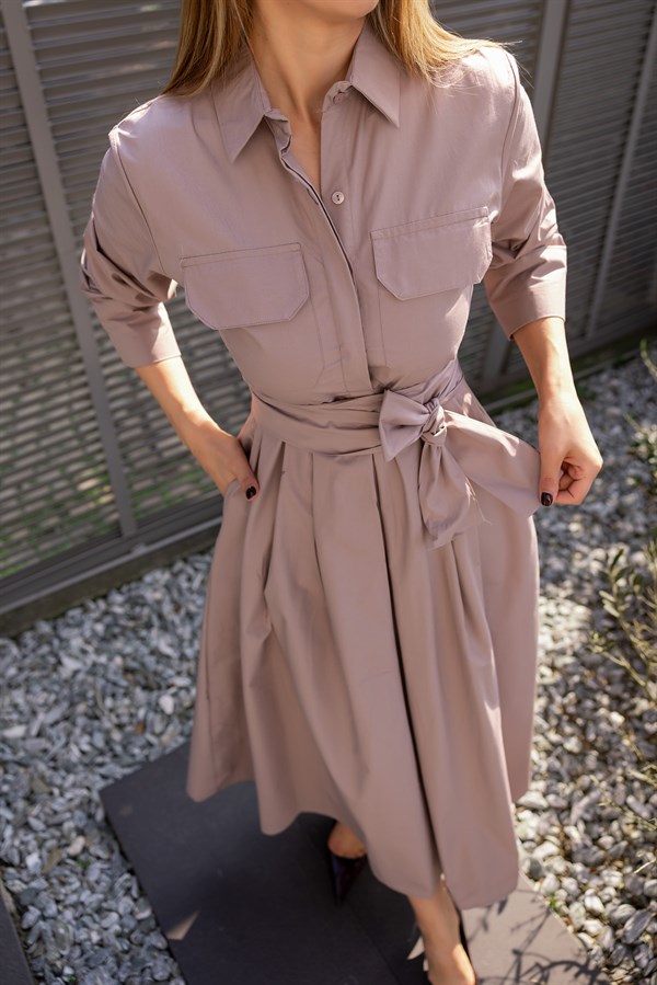 Kuşaklı Gömlek Elbise - VİZON