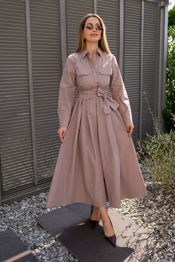 Kuşaklı Gömlek Elbise - VİZON