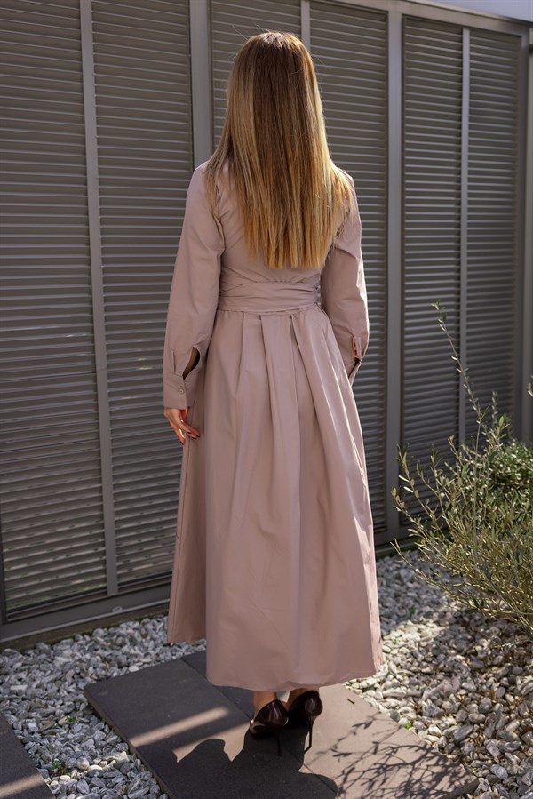 Kuşaklı Gömlek Elbise - VİZON