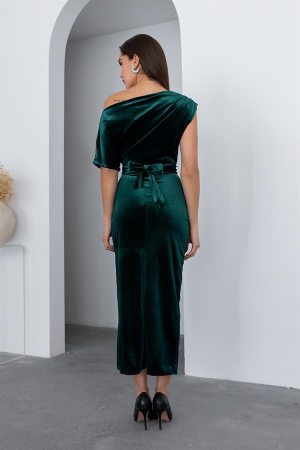 Kuşaklı Kadife Elbise - ZÜMRÜT YEŞİL