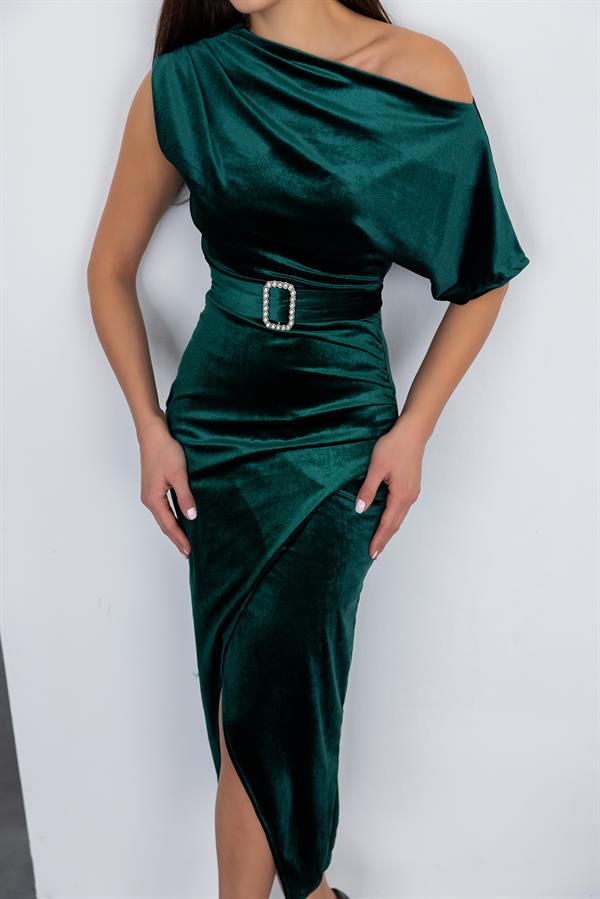 Kuşaklı Kadife Elbise - ZÜMRÜT YEŞİL