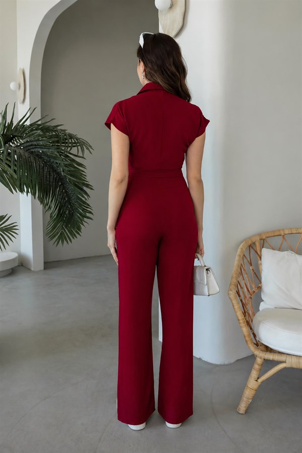 Kuşaklı Keten Tulum - BORDO