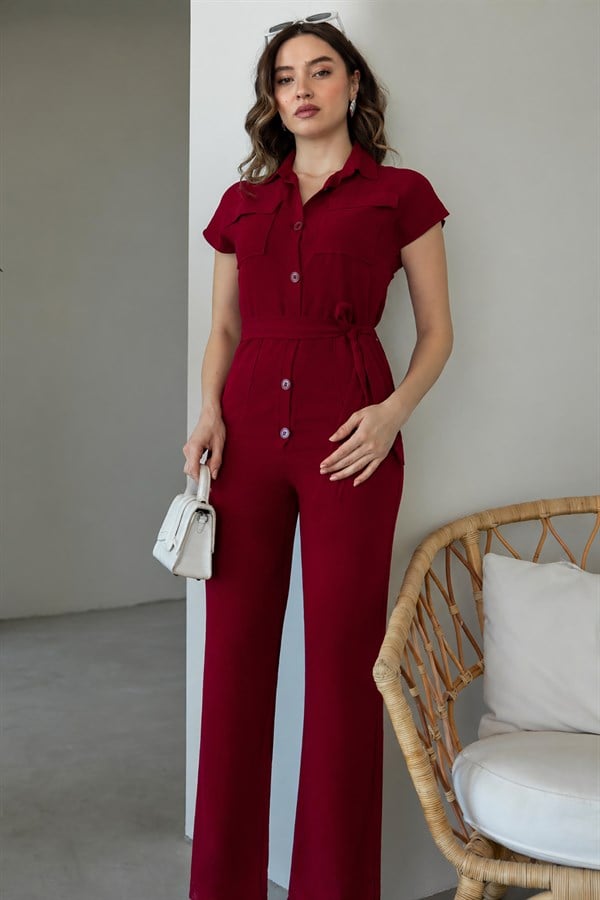 Kuşaklı Keten Tulum - BORDO