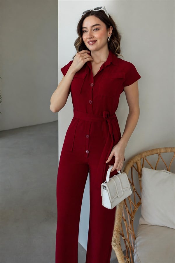 Kuşaklı Keten Tulum - BORDO