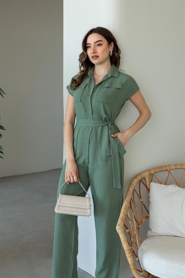 Kuşaklı Keten Tulum - HAKİ