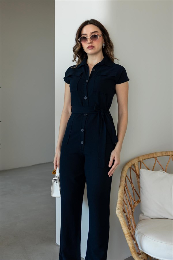 Kuşaklı Keten Tulum - LACİVERT