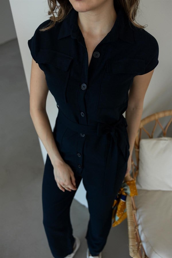 Kuşaklı Keten Tulum - LACİVERT