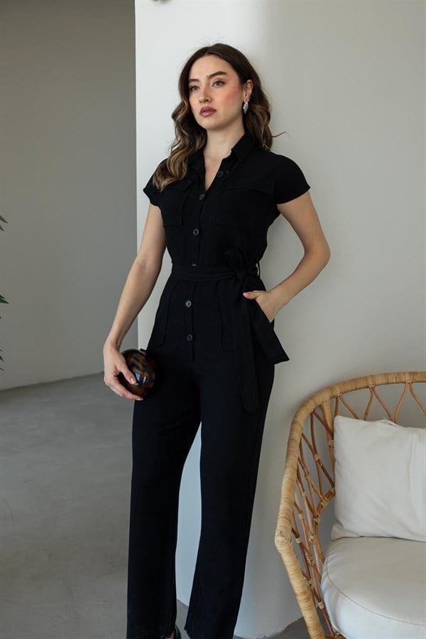 Kuşaklı Keten Tulum - SİYAH