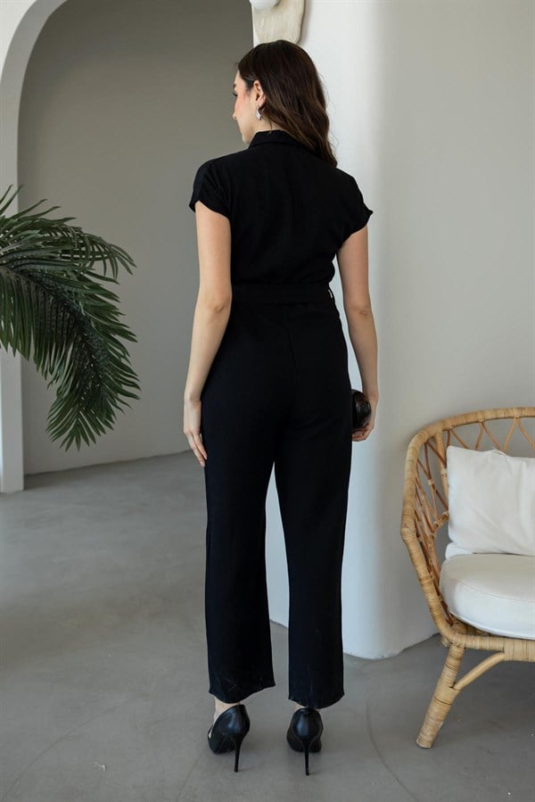 Kuşaklı Keten Tulum - SİYAH