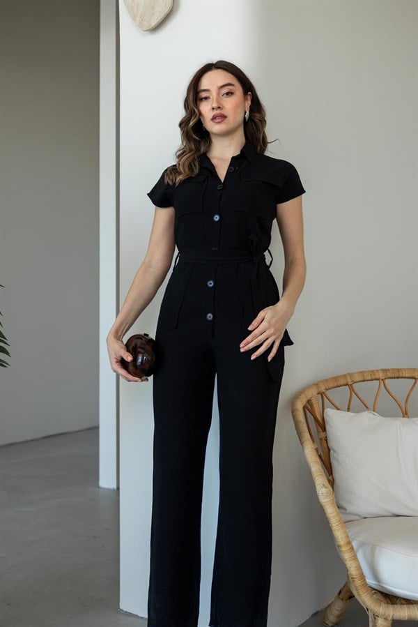 Kuşaklı Keten Tulum - SİYAH