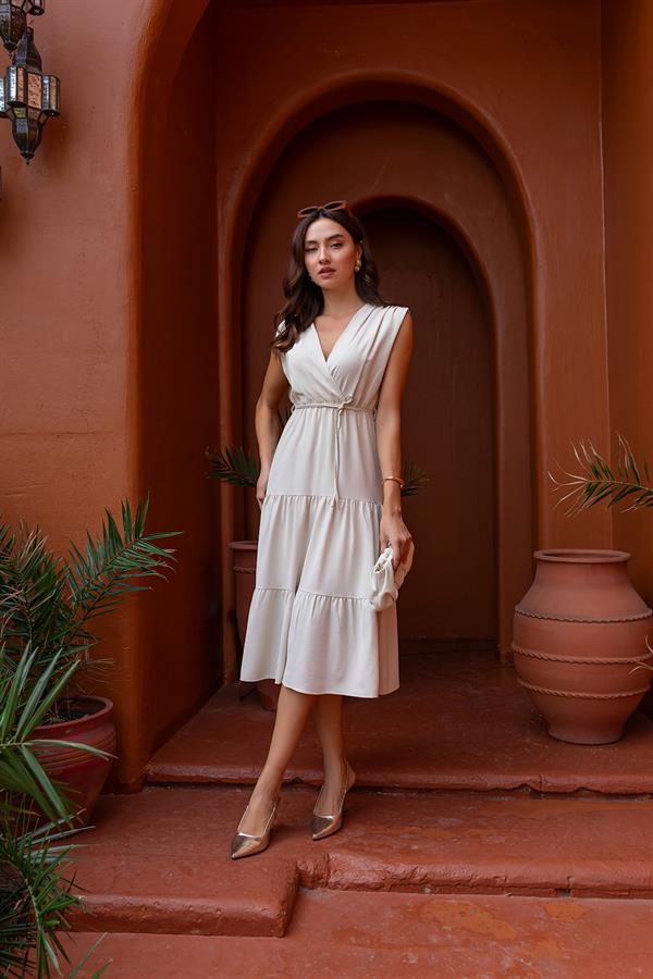 Kuşaklı Kloş Elbise - KREM