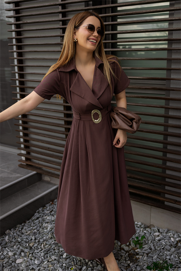 Kuşaklı Kruvaze Yaka Elbise - KAHVERENGİ