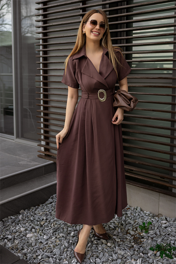 Kuşaklı Kruvaze Yaka Elbise - KAHVERENGİ