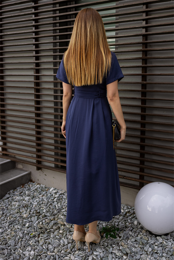 Kuşaklı Kruvaze Yaka Elbise - LACİVERT