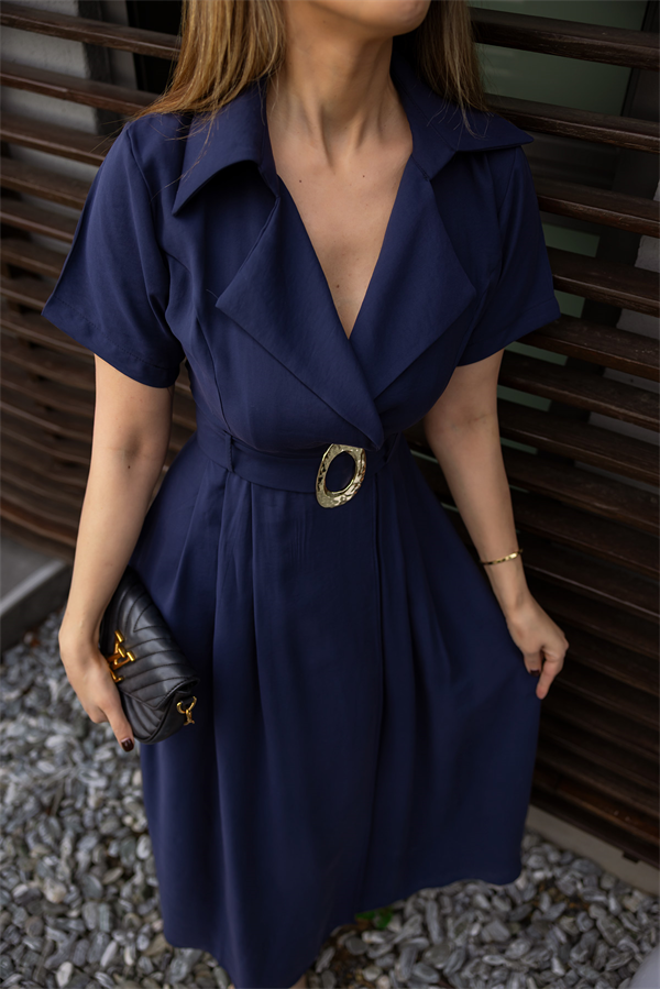 Kuşaklı Kruvaze Yaka Elbise - LACİVERT