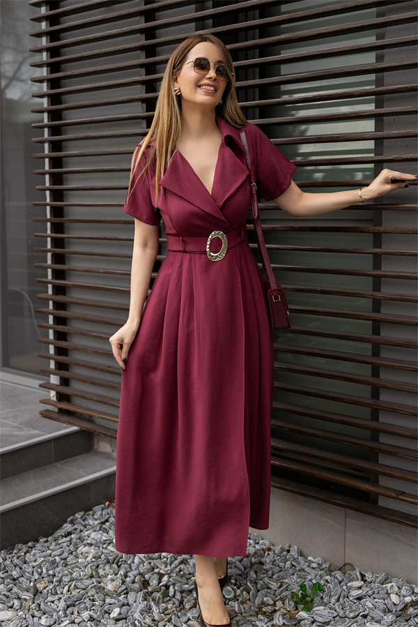 Kuşaklı Kruvaze Yaka Elbise - MÜRDÜM