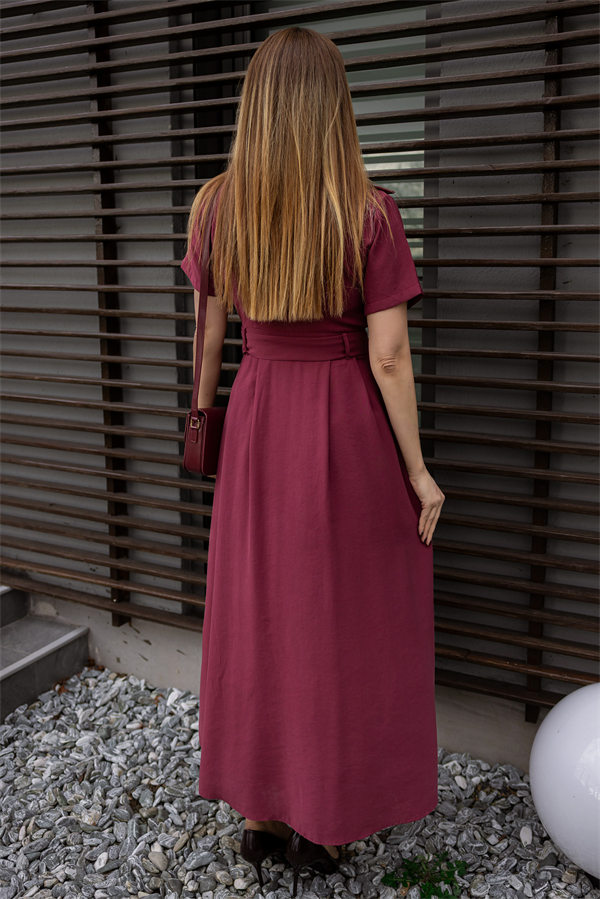 Kuşaklı Kruvaze Yaka Elbise - MÜRDÜM