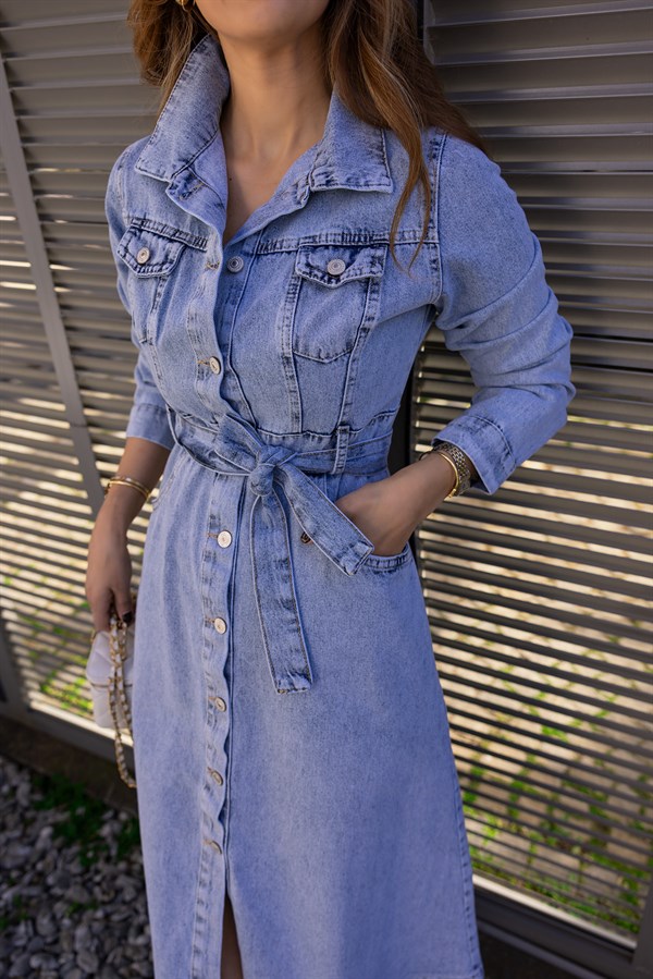 Kuşaklı Midi Boy Denim Elbise - MAVİ