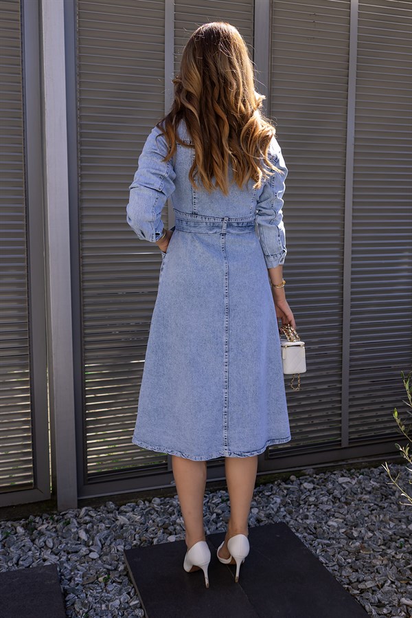 Kuşaklı Midi Boy Denim Elbise - MAVİ