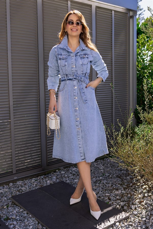 Kuşaklı Midi Boy Denim Elbise - MAVİ
