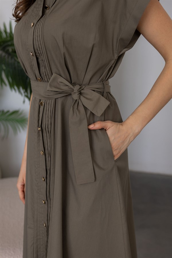 Kuşaklı Midi Boy Gömlek Elbise - HAKİ
