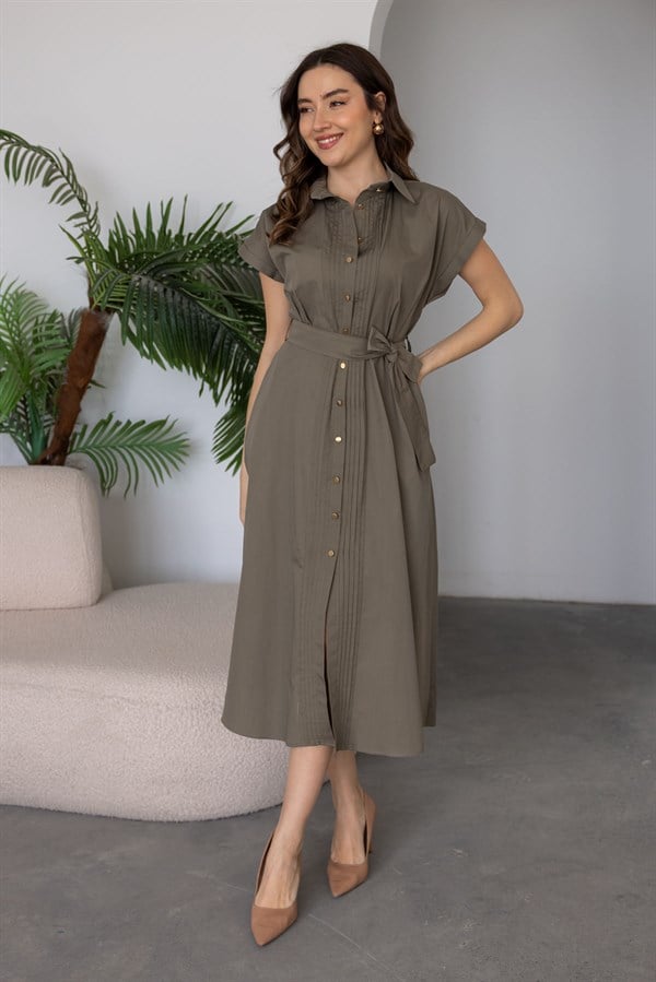 Kuşaklı Midi Boy Gömlek Elbise - HAKİ