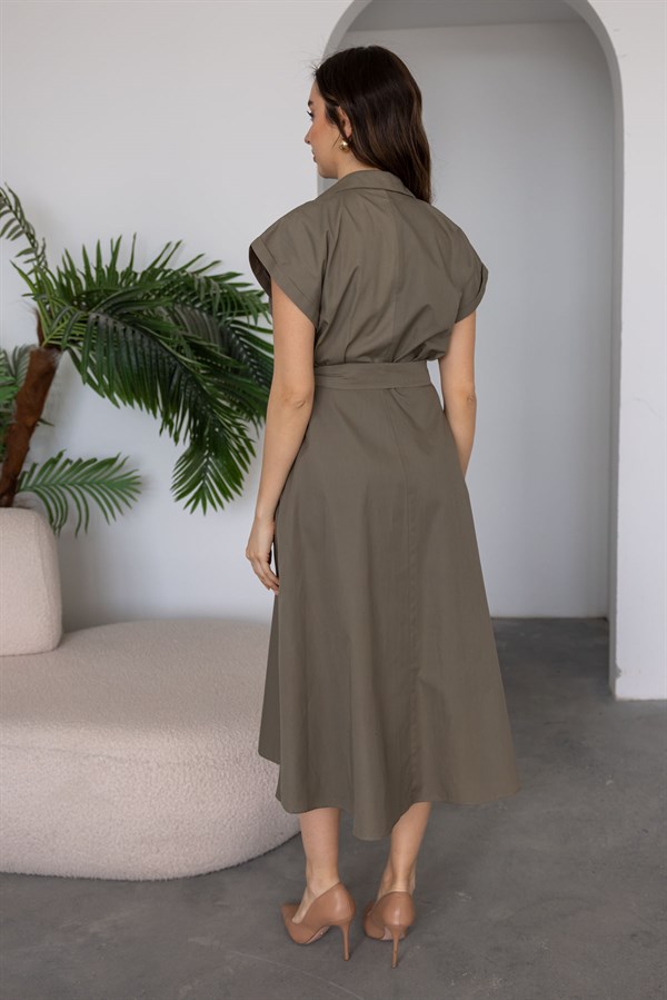 Kuşaklı Midi Boy Gömlek Elbise - HAKİ