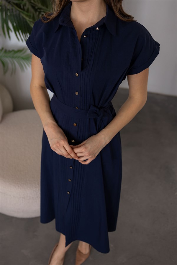 Kuşaklı Midi Boy Gömlek Elbise - LACİVERT