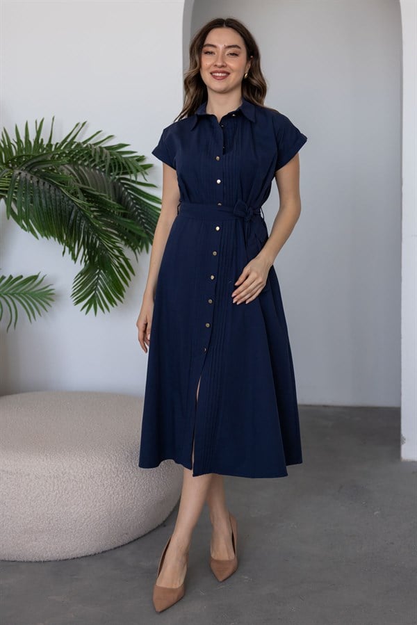 Kuşaklı Midi Boy Gömlek Elbise - LACİVERT