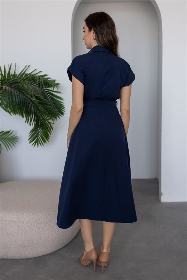 Kuşaklı Midi Boy Gömlek Elbise - LACİVERT