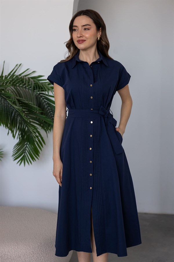 Kuşaklı Midi Boy Gömlek Elbise - LACİVERT
