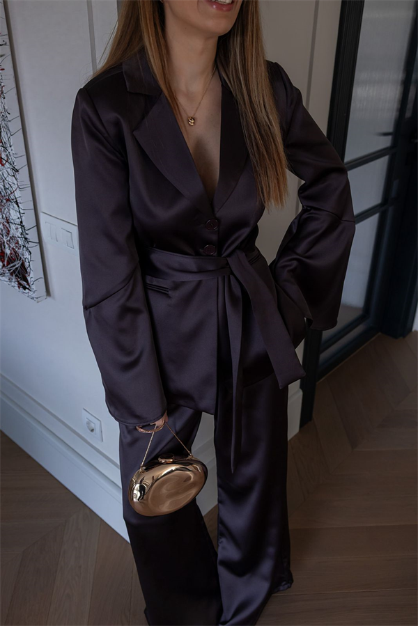 Kuşaklı Saten Blazer Takım - KAHVERENGİ