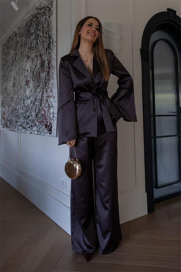 Kuşaklı Saten Blazer Takım - KAHVERENGİ