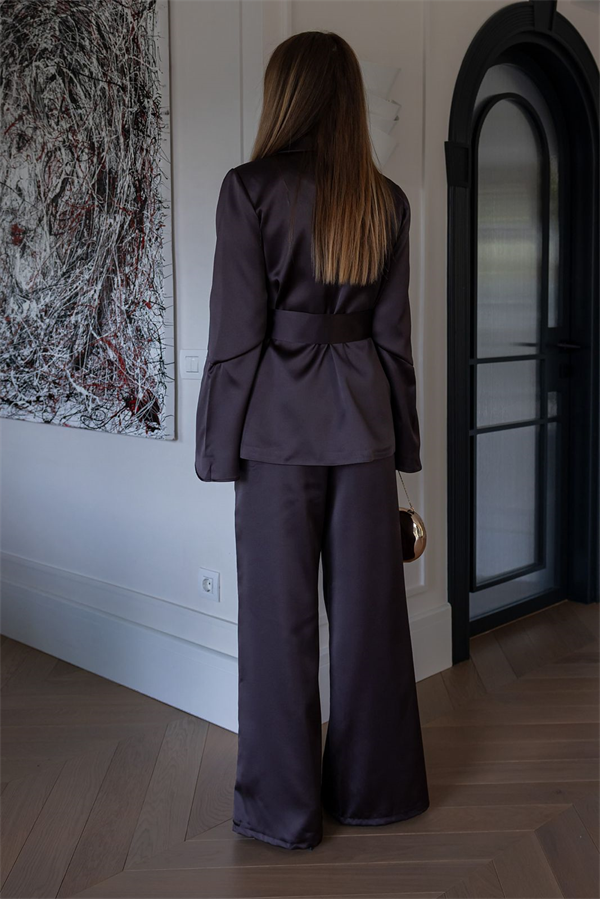 Kuşaklı Saten Blazer Takım - KAHVERENGİ