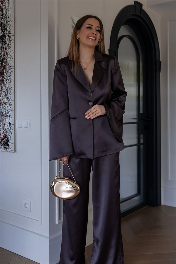 Kuşaklı Saten Blazer Takım - KAHVERENGİ