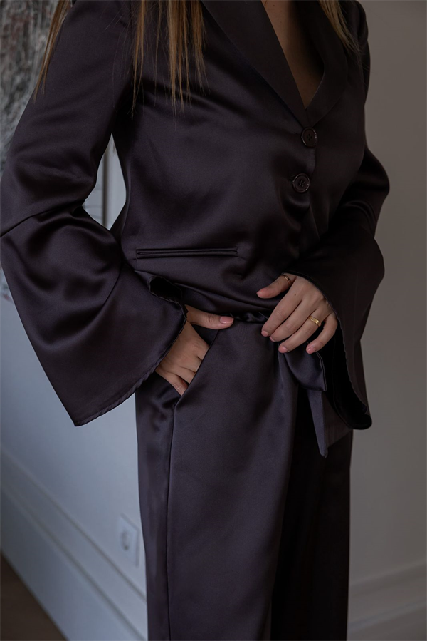 Kuşaklı Saten Blazer Takım - KAHVERENGİ