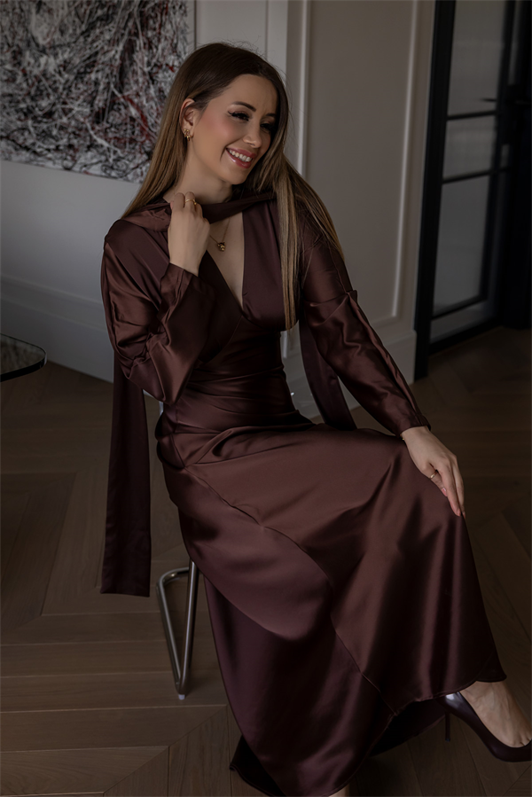 Kuşaklı Saten Elbise - KAHVERENGİ