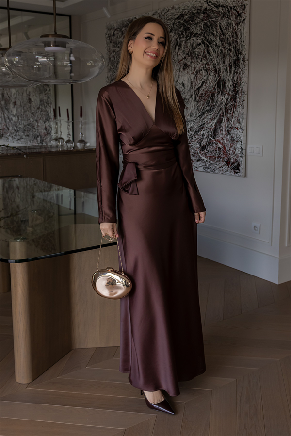 Kuşaklı Saten Elbise - KAHVERENGİ