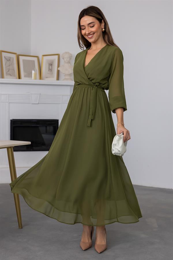 Kuşaklı Şifon Tül Elbise - YEŞİL