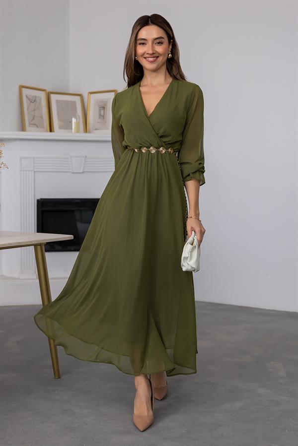 Kuşaklı Şifon Tül Elbise - YEŞİL