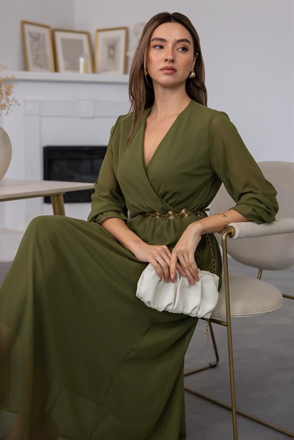 Kuşaklı Şifon Tül Elbise - YEŞİL
