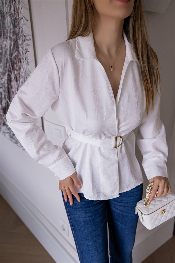 Kuşaklı Tensel Bluz - BEYAZ