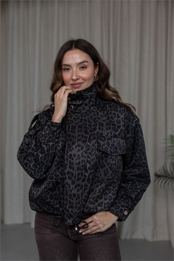 Leopar Desen Kapak Cepli Bomber Ceket - SİYAH