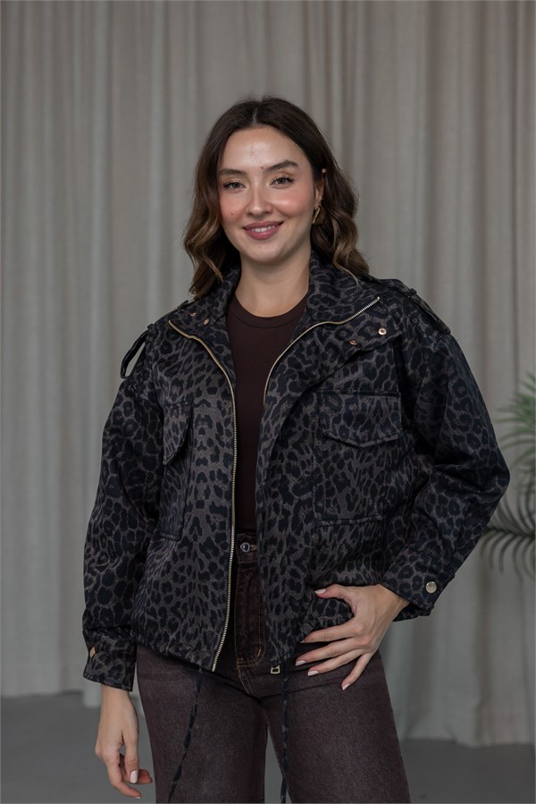 Leopar Desen Kapak Cepli Bomber Ceket - SİYAH