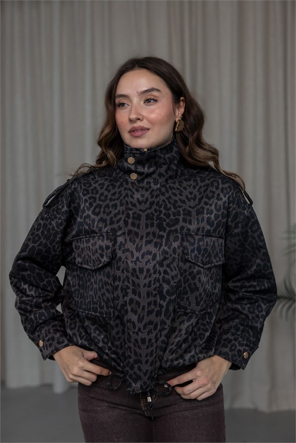 Leopar Desen Kapak Cepli Bomber Ceket - SİYAH