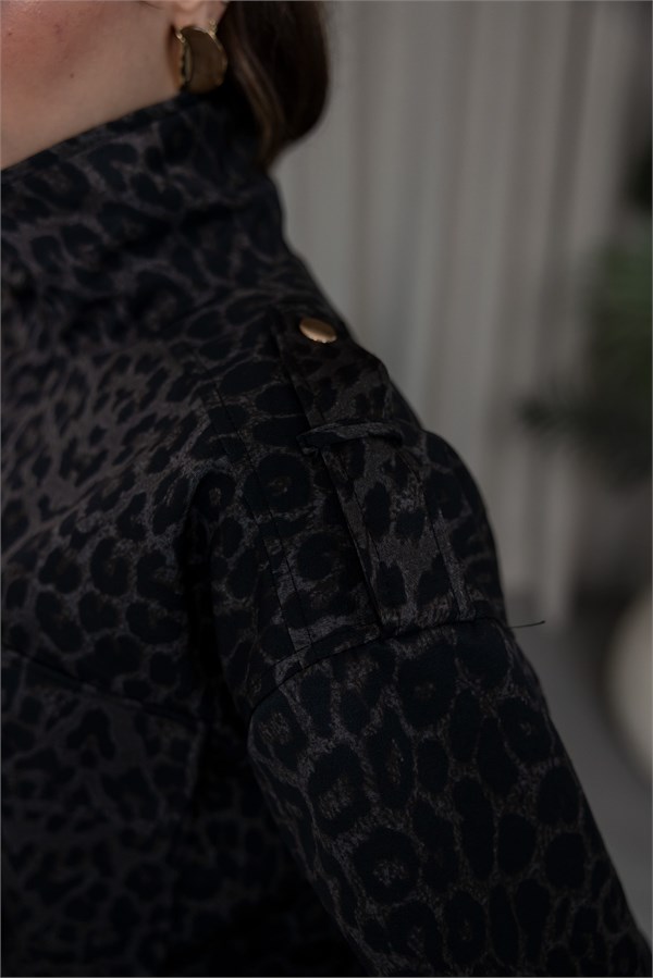 Leopar Desen Kapak Cepli Bomber Ceket - SİYAH