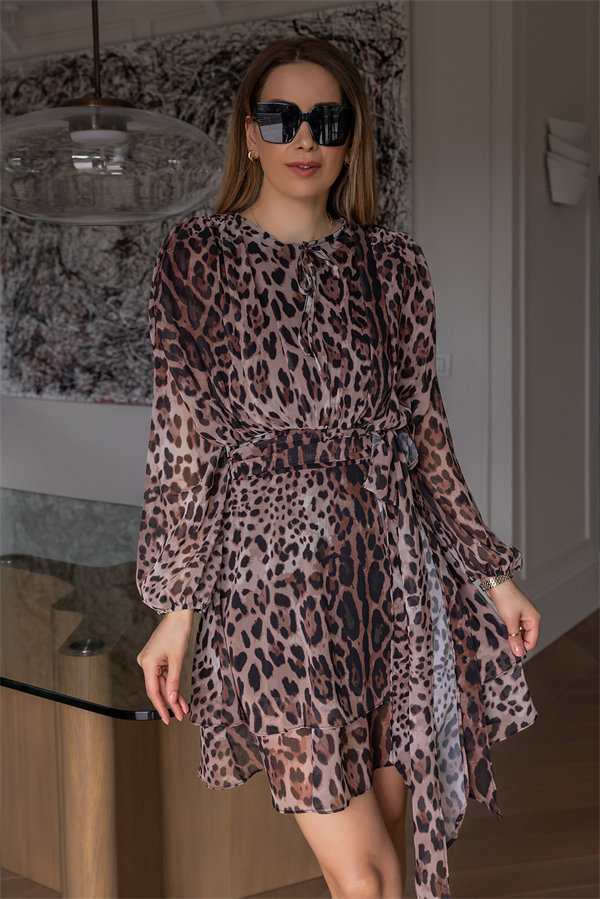 Leopar Desen Kuşak Detaylı Elbise - KAHVERENGİ