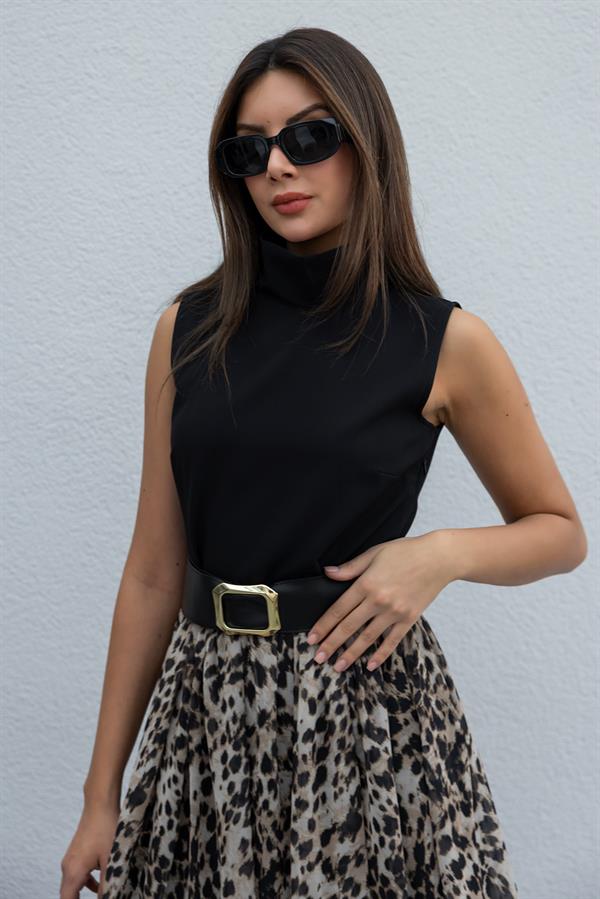Leopar Desenli Elbise - SİYAH